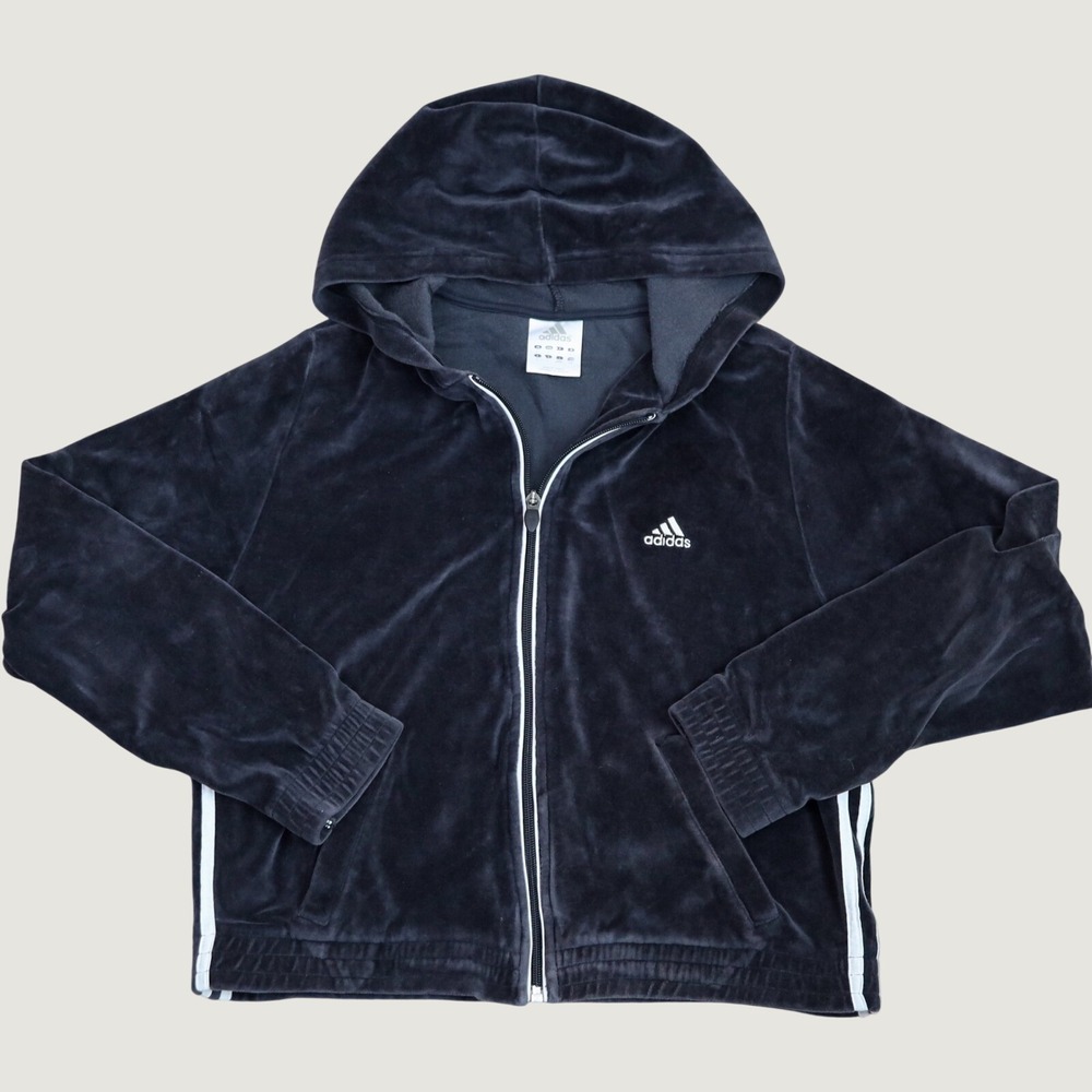 Adidas Women's Velour Hoodie Jacket Black Y2K 2000s Full Zip Three Stripe L